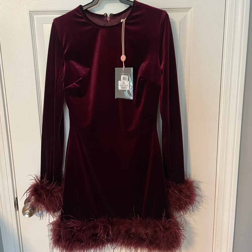 House of CB Mulberry Velvet Dress with Feather Detail